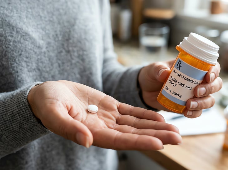 Hand holding a pill and a prescription pill bottle