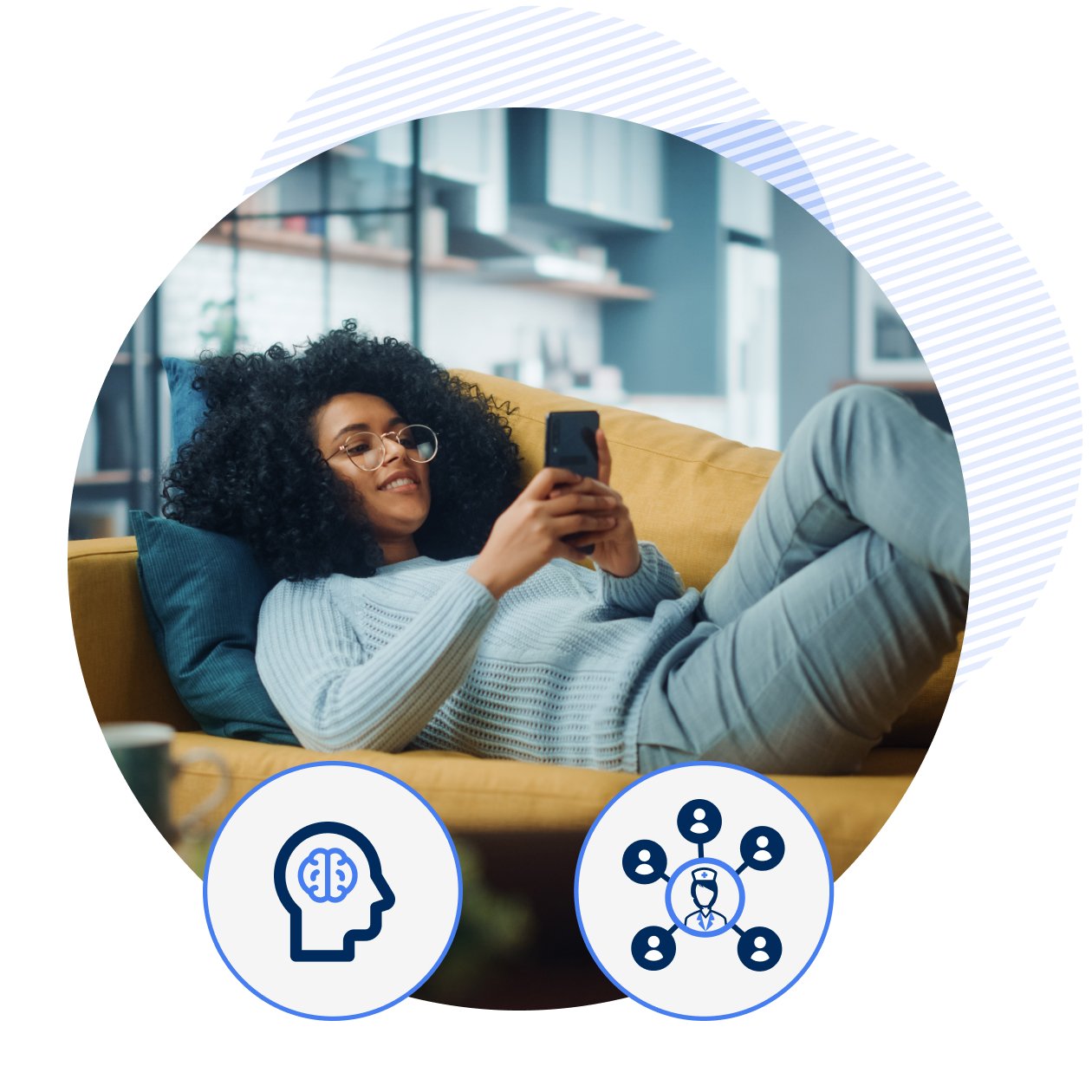patient on her sofa holding a phone