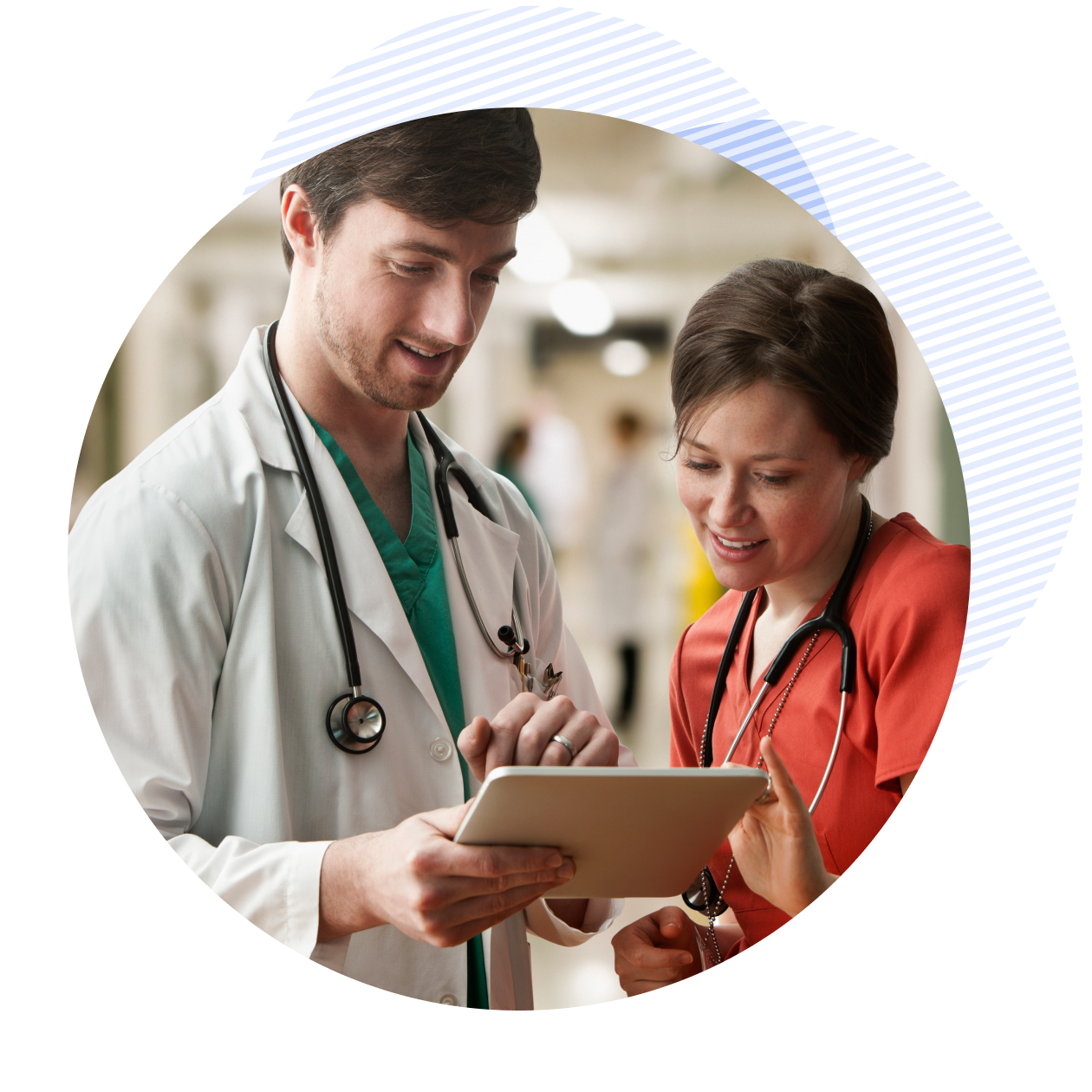 Caucasian doctor and nurse using tablet computer