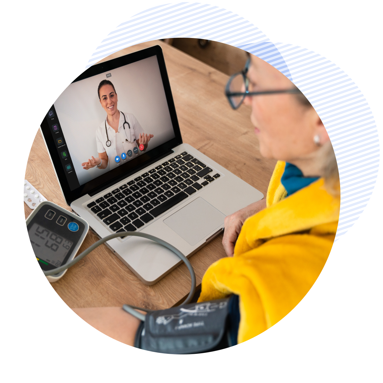 An elderly woman who receives healthcare over the internet at home