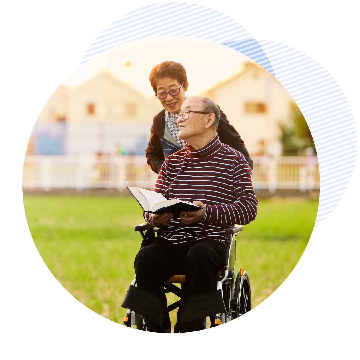 Smiling wife assisted living with wheelchair